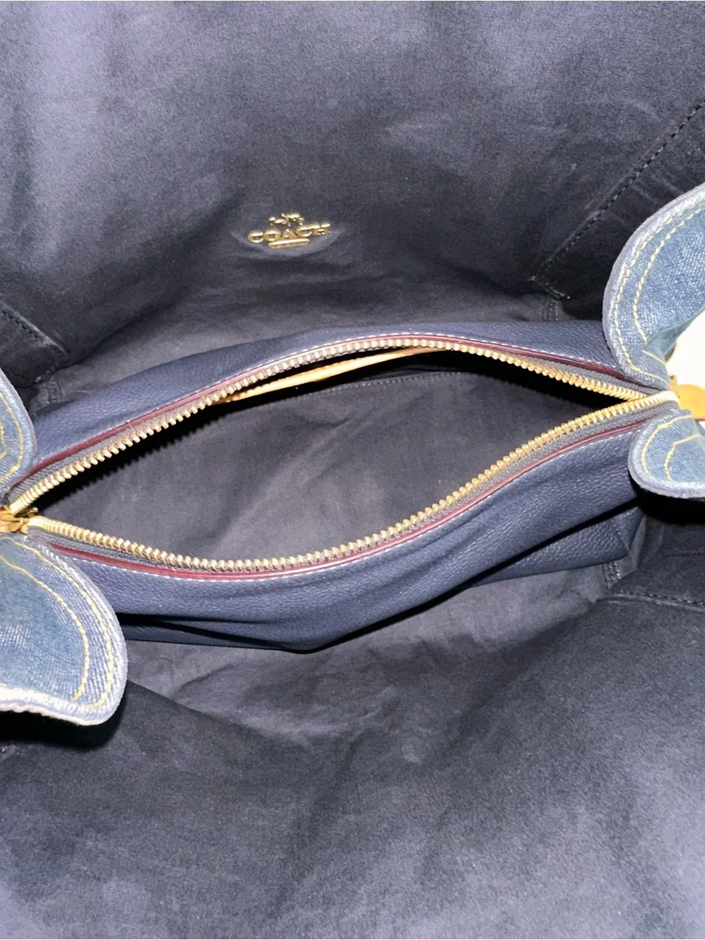 Coach Hadley Denim Hobo Large Shoulder Bag Blue Denim Leather Trim